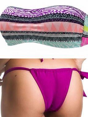 EUC OP Strapless Bandeau Bikini Top + Solid Tie Side Bottoms Set